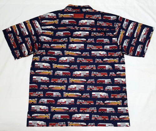 Fire Dept Hawaiian Shirt Mens XL Blue Trucks Rescue Ladder Firefighter KIMOSHAN - Picture 2 of 5