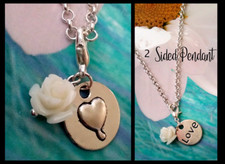 2 Sided Minimal Love Heart Rose Flower White Silver Charm Pendant Necklace 18"
