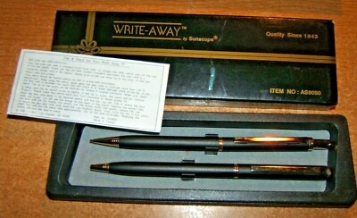 Vintage WRITE-AWAY by Sunscope Black Satin Ball Pt Pen & Mechanical Pencil Set