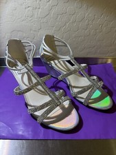 New York Transit Baguette Wedge Sandal, Holographic Silver Bridal Evening Shoes