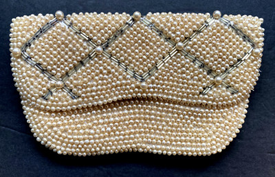 VTG Emson Handmade Japan NKK Golden Beige Pearl Beaded Sm lined Clutch Purse 60s