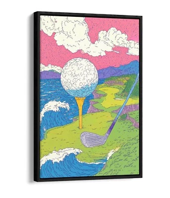 GIANT GOLF BALL ON COLOURFUL LANDSCAPE FLOAT EFFECT FRAME CANVAS ART PIC PRINT - Image 1 of 4