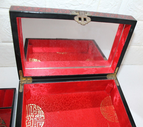 Elegant Asian Gloss Black & Red Lacquered Jewellery Ring Box Velvet Inner Shelf - Picture 13 of 17