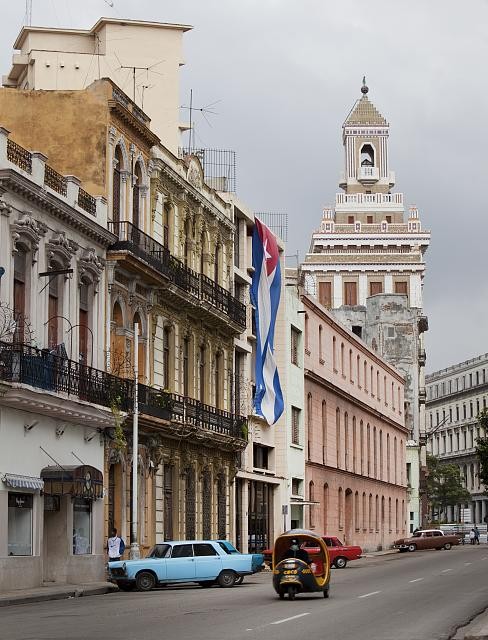 Small Cab Ride downs Street,Havana,Cuba,Barcardi Rum Building,Carol Highsmith