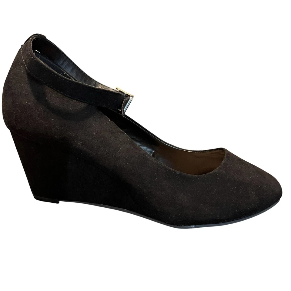 Zapatos Órridos 8.5W Ancho Negro Imitación Gamuza Mini Cuña Correa al Tobillo Elegante Formal Foto 3 de 4