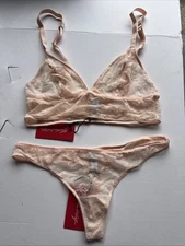 Noelle Wolf Bold Lace Bra And Thong Set Nude Sheer Bralette Size Small