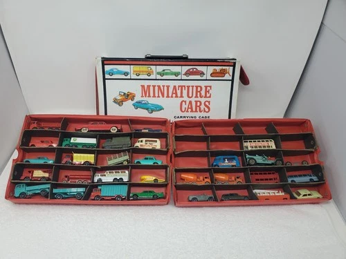 31 Lesney Matchbox Husky Dinky Toys Miniature Cars and Carrying Case w/ Inserts