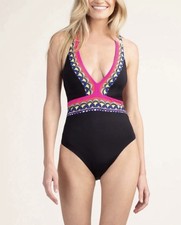Trina Turk Tanzania Scarf Plunge One Piece Swimsuit Black 22W Plus Size
