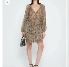 O.P.T. Dress boho Small Women floral ruffled long sleeve brown beige Green boho