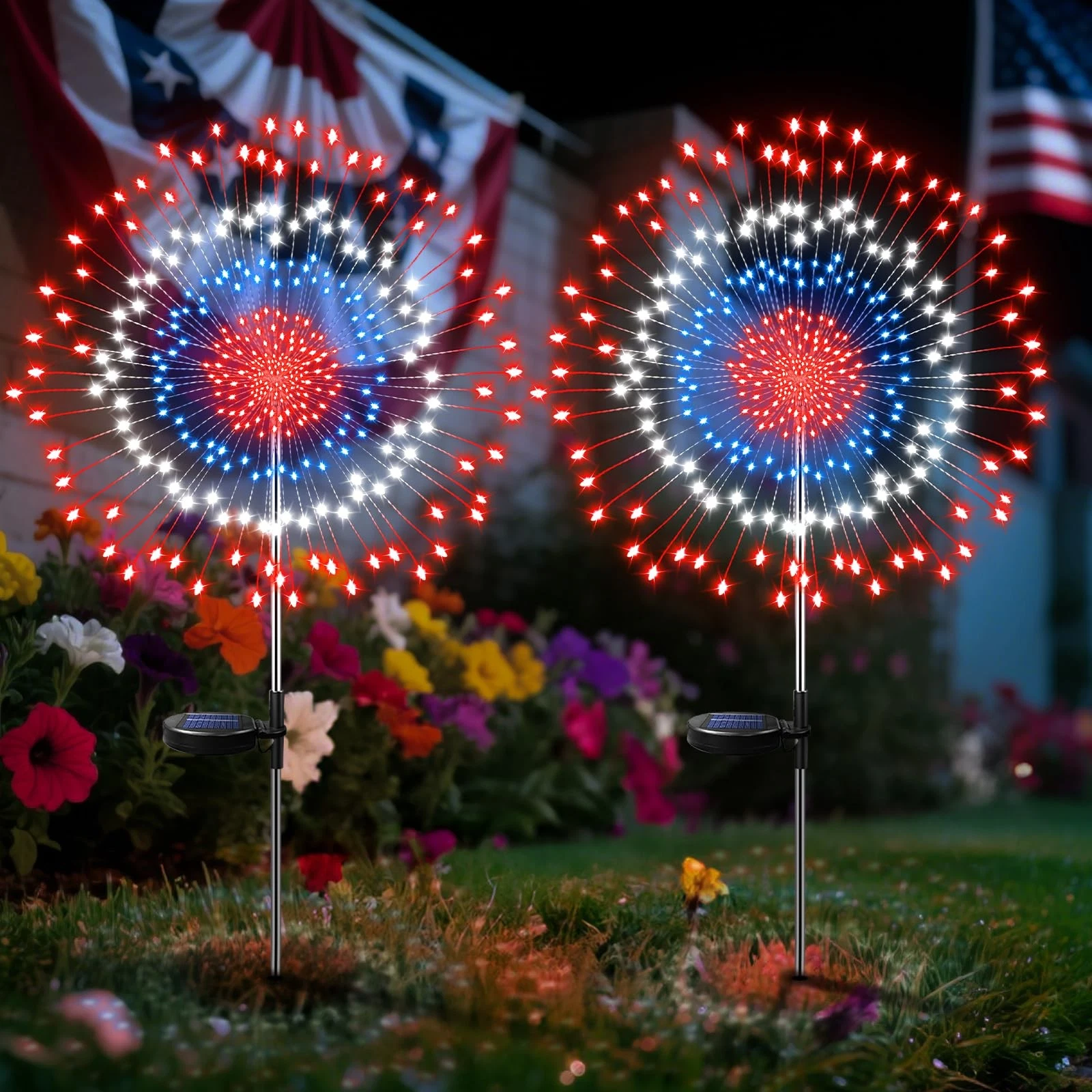 4th of July Decorations Solar Lights Outdoor, 2 Pack 360 Red White and Blue F...