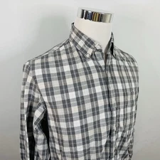 J Crew Medium Mercantile Flex Shirt Gray White Plaid Cotton Blend Button Down