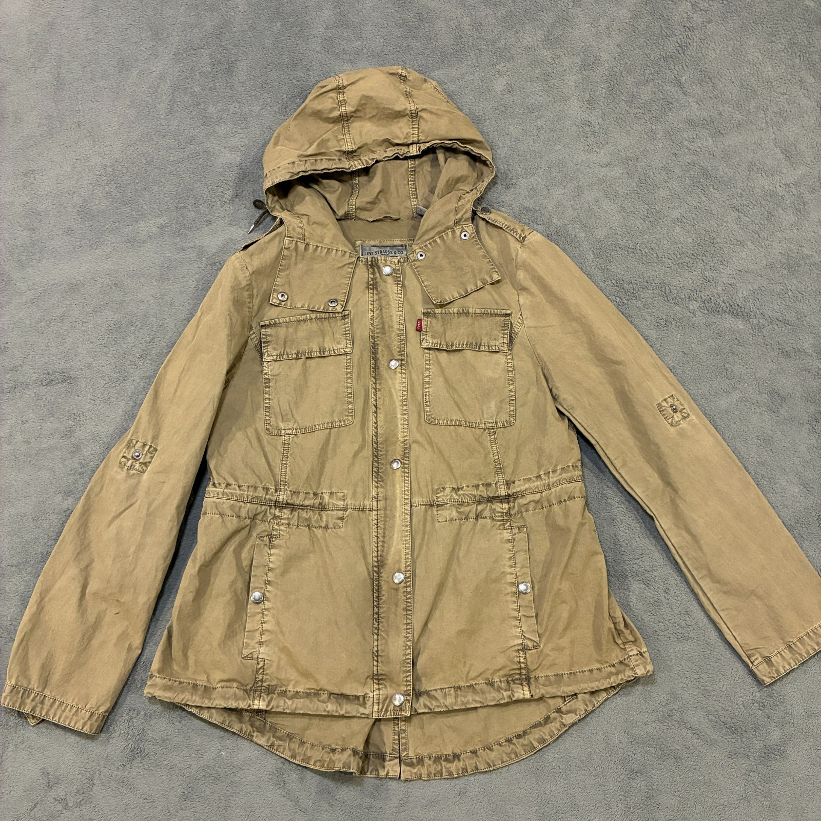 Levi’s Hooded Utility Brown Zip Cargo Parka Coat Lined Jacket Womens Size L