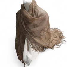Stunning metallic gold/taupe floral shawl with long fringe detailing  