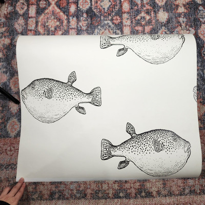 Spoonflower Large Pufferfish Etienne Wallpaper Non Pasted 24'' x 27' Cream Unused