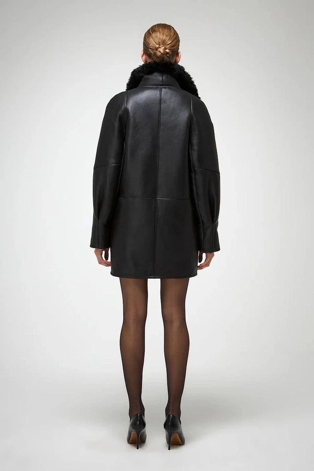 Chaqueta de cuero de oveja para mujer | Abrigo de aviador de piel de oveja real con piel sintética Foto 2 de 4