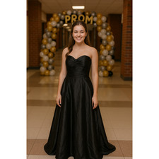 Black satin prom Ball gown strapless sweetheart top SZ 4 Goth wedding formal