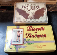 Biscotti al Plasmon + purgante Aquila al cioccolato 2 scatole latta anni 40-50