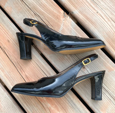 Vintage 90s Slingback Pump Black Patent Leather Mid Block Heel Square Toe Shoes