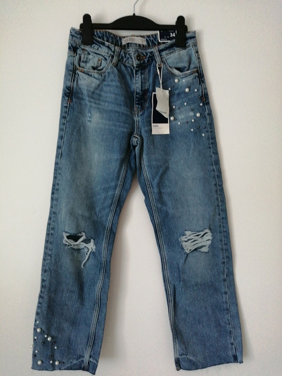Zara Blue Denim Jeans With Faux Pearls UK Size EUR 34 UK