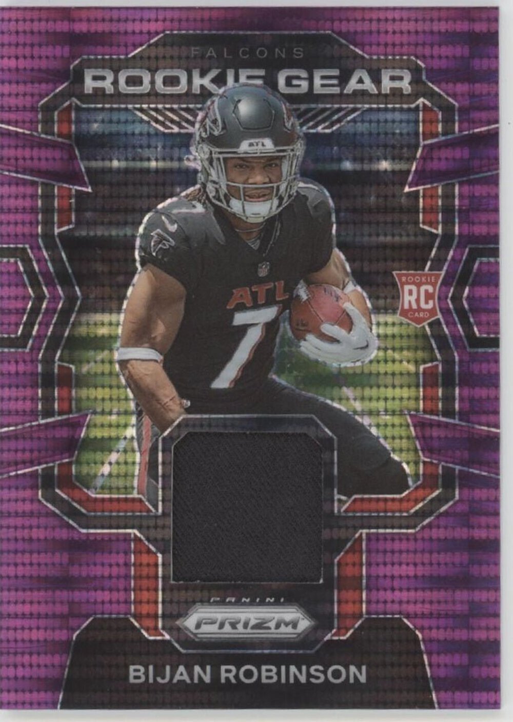 Bijan Robinson 2023 Panini Prizm Rookie Gear Purple Pulsar Prizm Swatch RC #RGBR
