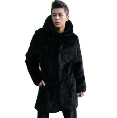 Men's Winter Faux Mink Mid Long Jacket Coats Warm Casual Hooded