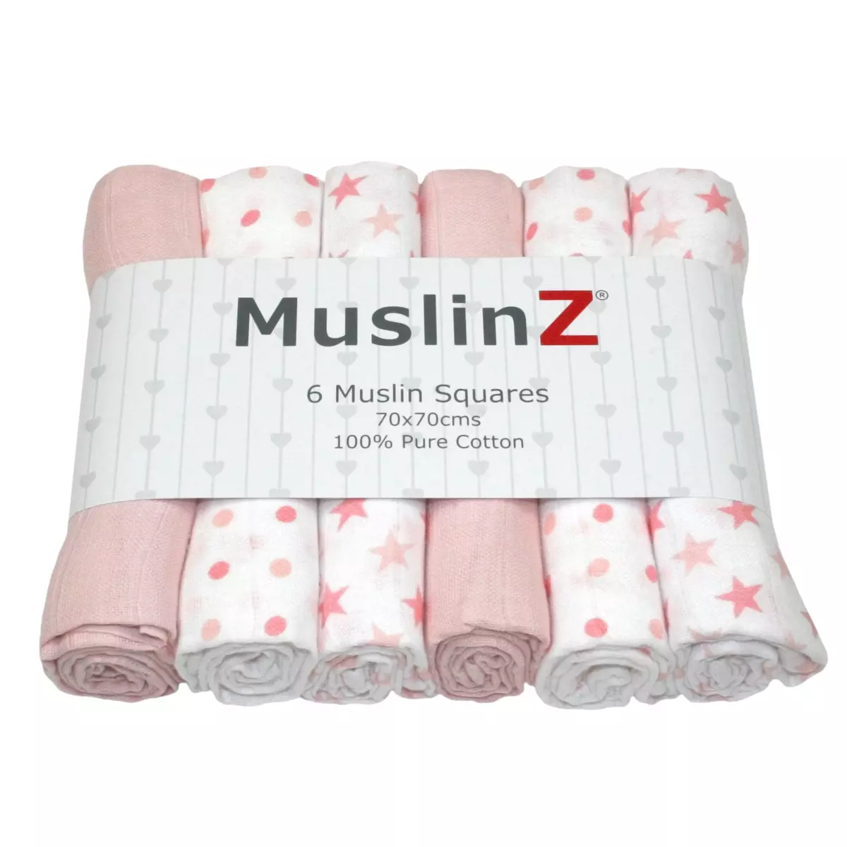MuslinZ 6PK Baby Muslin Squares Cloths 70cm 100 Pure Soft Cotton Pale Pink Star