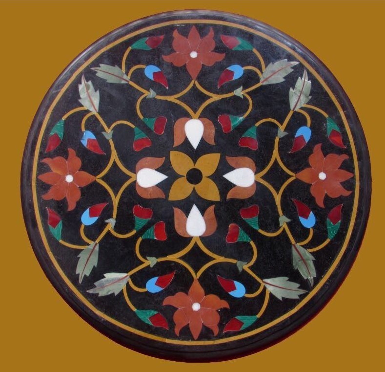 Handcrafted Black Marble Coffee Table with Pietra Dura Inlay for Elegant Home Decor