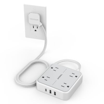 Flat Plug Surge Protector Power Strip, TESSAN 5 ft Ultra Thin 5 FT, Gray 