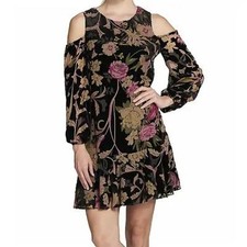 Eliza J Size 4 Cold Shoulder Velvet Black Floral Dress