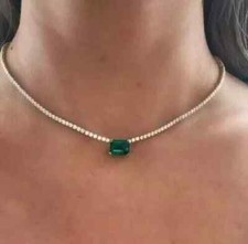 Lab-Created Emerald  Diamond Tennis Choker Necklace 14K White Gold Plated 16"in