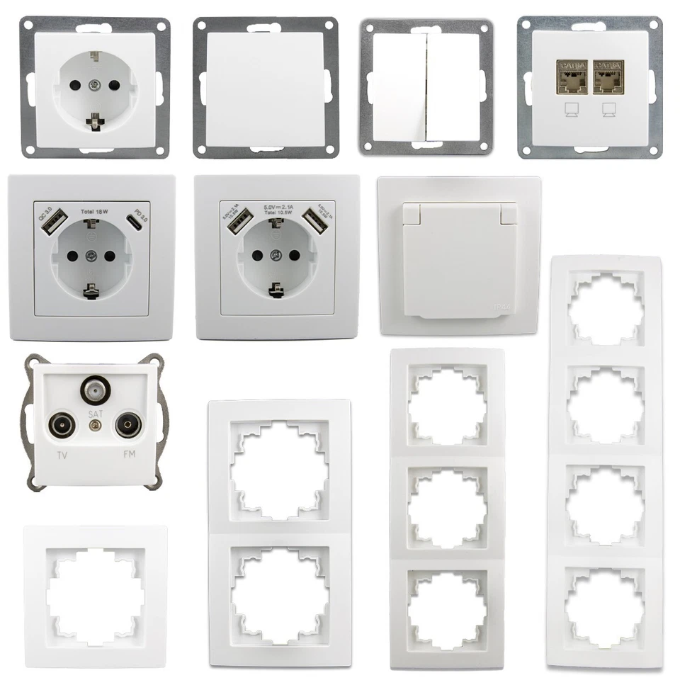 MCPOWER Flair Schalter & Steckdosen, Taster, Lichtschalter, Wechselschalter USB LAN Weiß