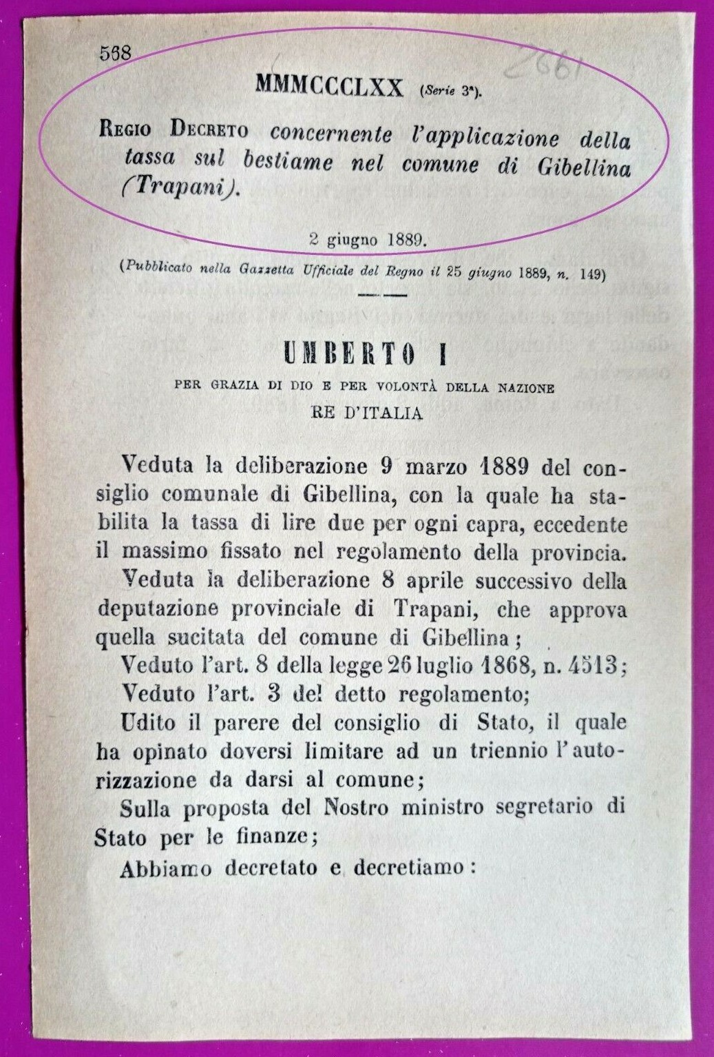 GIBELLINA(TP)-REGIO DECRETO X APPLICAZIONE DELLA TASSA SUL BESTIAME-2661
