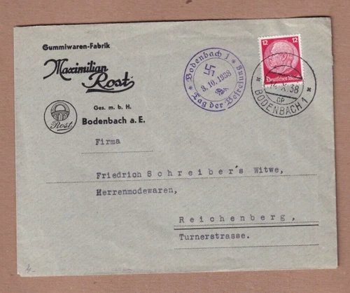 Germany Scott# 422 October 3 1938 Bodenbach First Day of Occupation cover
