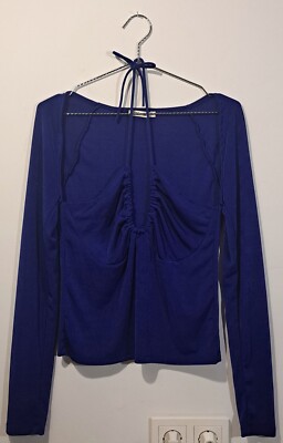 Pull & Bear Size XL Top Shirt Long Sleeve With Neckline & Tie Detail Blue Royal Blue