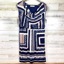 Evan Picone Womens Navy Blue Geometric Blouson Sleeveless Knee Length Dress 16