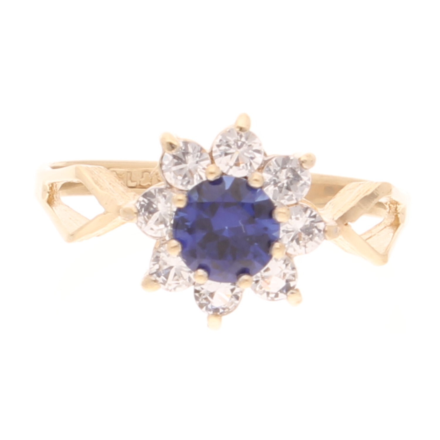 Vintage 9Ct Yellow Gold Simulated Sapphire & Sim Diamond Cluster Ring (Size P)