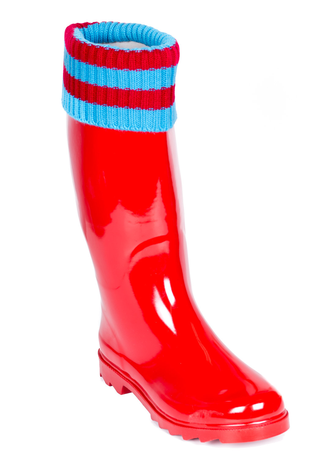 Women Rubber Rain Boots - Flat Mid-Calf Snow Boots,  Knit & Faux Fur Mock Cuff