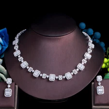 Sparkling White CZ Bridesmaid Engagement Baguette Necklace Earrings Jewelry Set 
