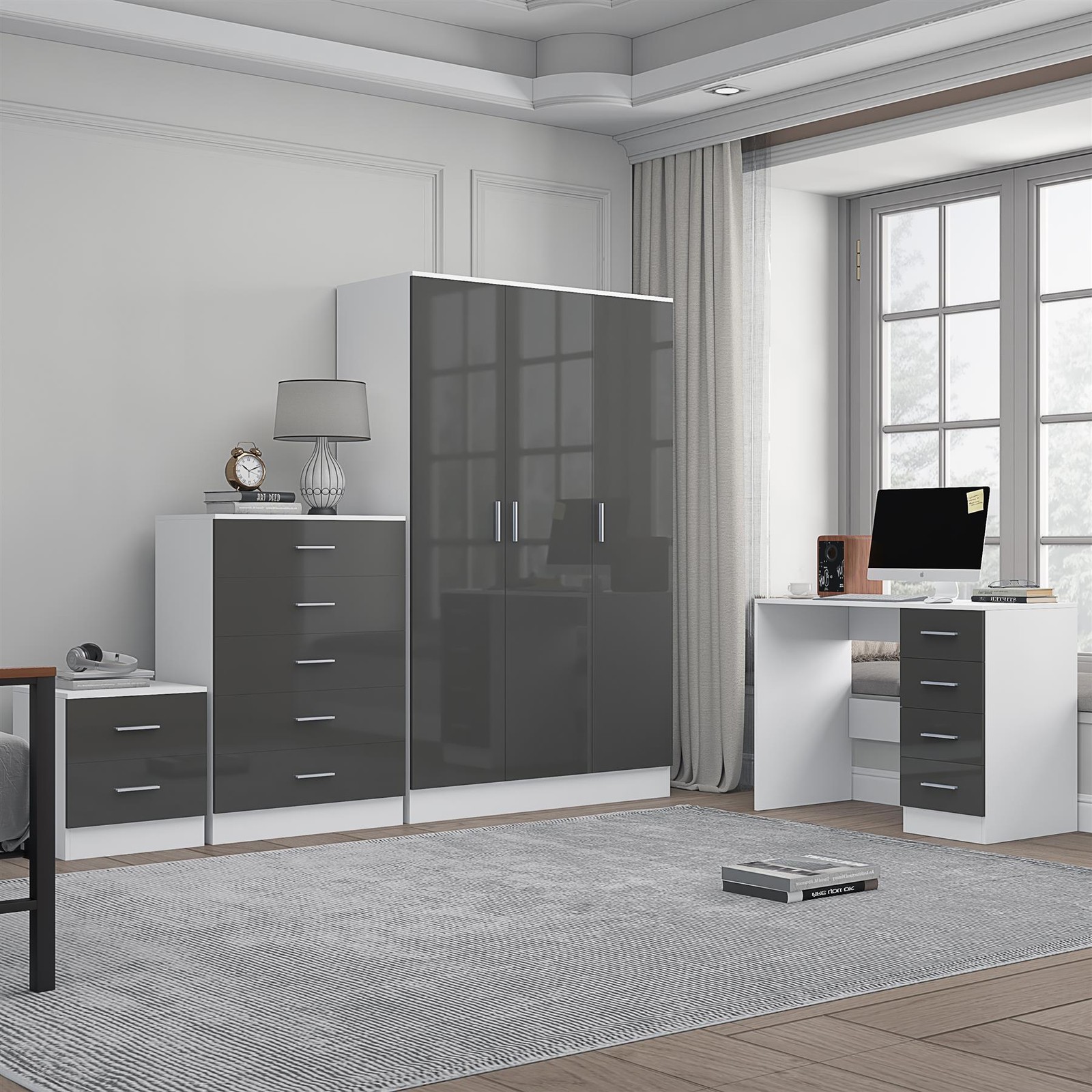 REFLECT Bedroom Set - 3 Door + Chest + Bedside + Desk - Grey/White