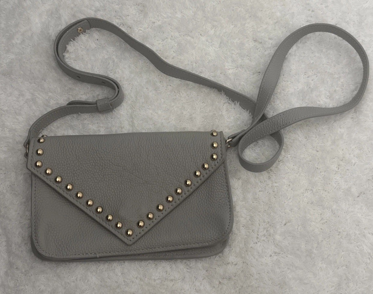 BTB LA Gray Leather Studded Crossbody Bag with Metal Accents