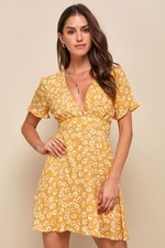 Lulus Garden Explorer MEDIUM Mustard Yellow Floral Women Mini Dress