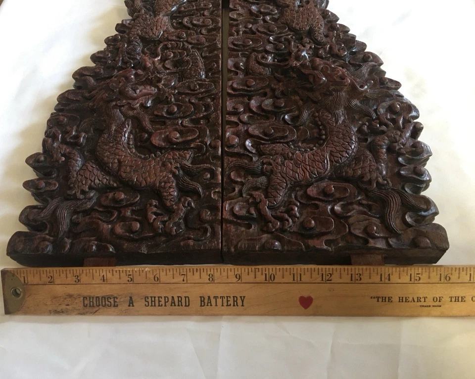 2 piezas de panel de palo de rosa tallado a mano chino vintage de los años 80 motivo de nube y dragón Foto 3 de 4