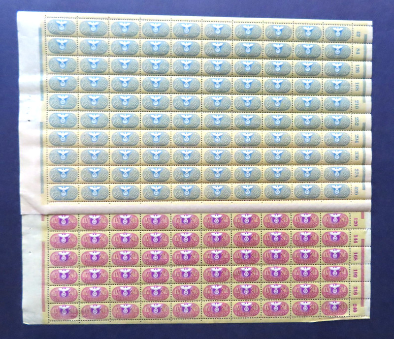 Germany Revenue Stamps Full Sheets (2)  IV240 & VII420 Zweiwochen 200 Stamps