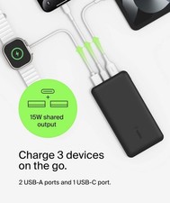 Image of Belkin BoostCharge 10000mAh 3-Port Power Bank 15W Fast Charge Black USB-C USB-A