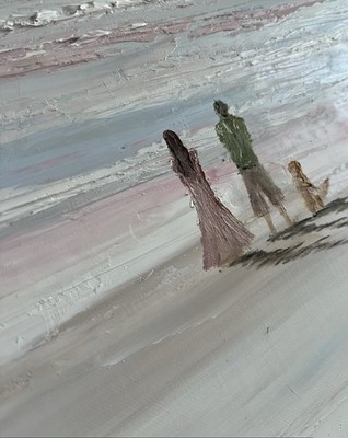Original Ölgemälde Wenn Meereslandschaft Strand rosa blau weiß Paar mit Hund am Strand