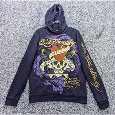 Ed Hardy Y2K Love Kills Slowly Hoodie Size S Double Sided Graphic Punk Purple