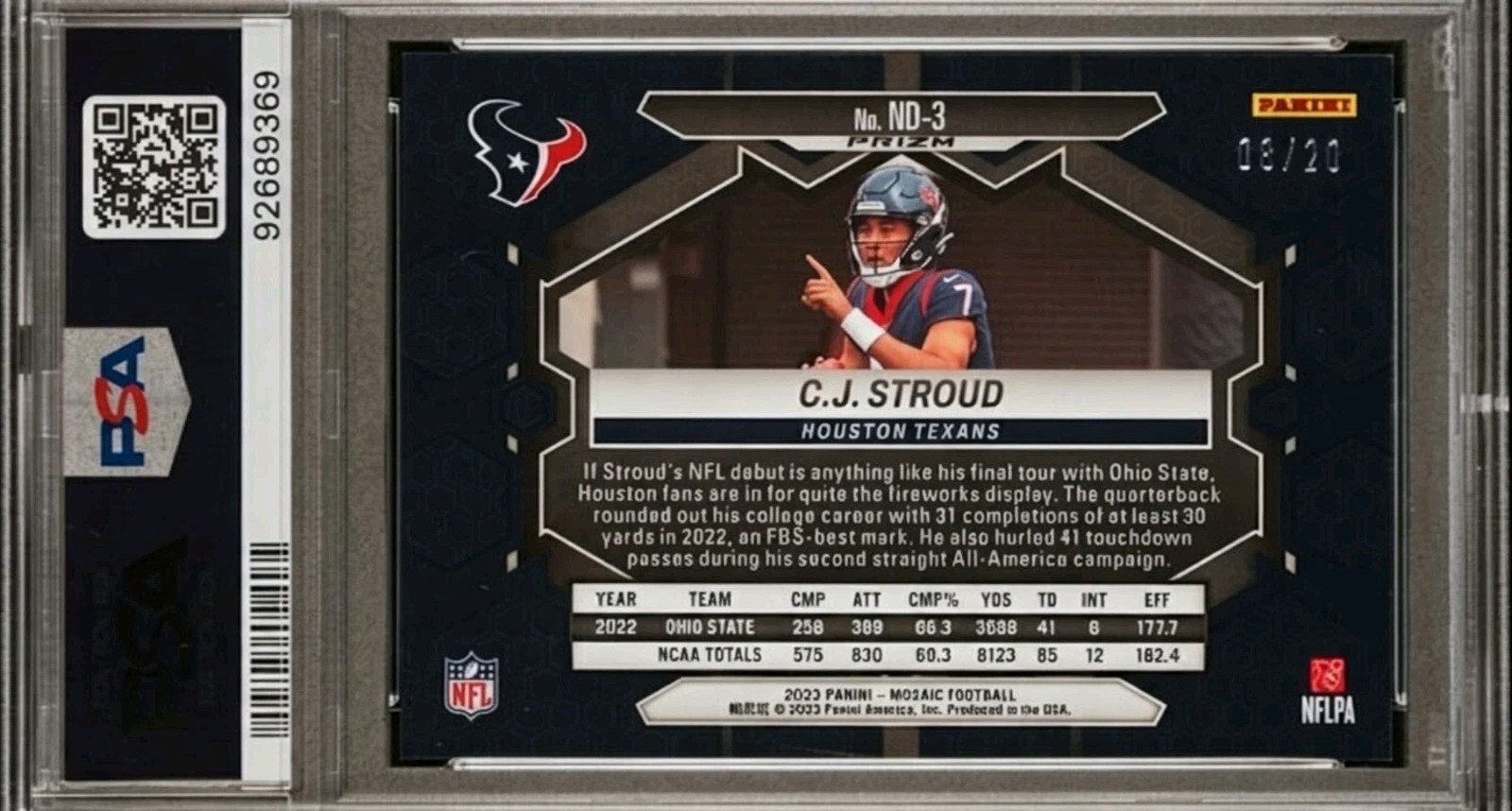 2023 Panini Mosaic CJ Stroud RC NFL Debut Pink No Huddle /20 #ND3 Texans PSA 9 view 2