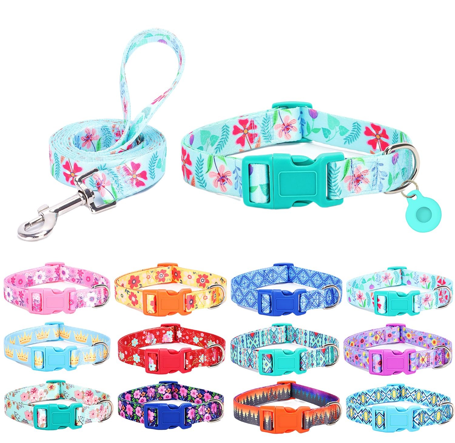 Collier pour chien avec laisse et porte Airtag en nylon tressé premium bleu nuit