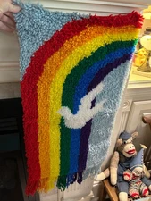 Vintage Latch Hook Wall Hanging, Rainbow with Peace Dove. Fringed