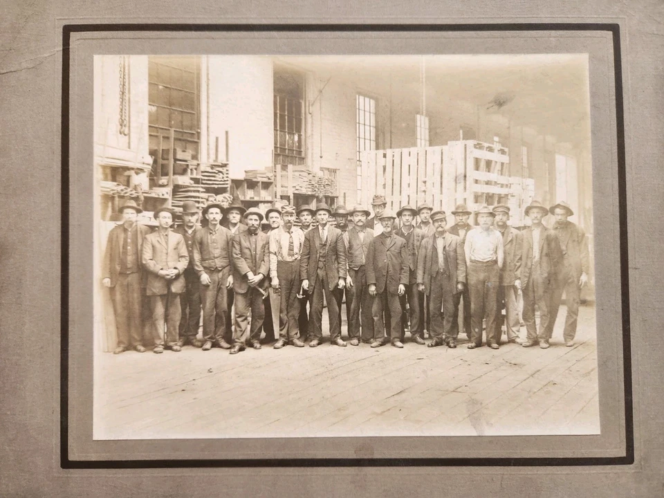 antique MEN AT WORK CARD PHOTO 1900s industrial hammers group photo 10 x 12" - Image 3 of 4